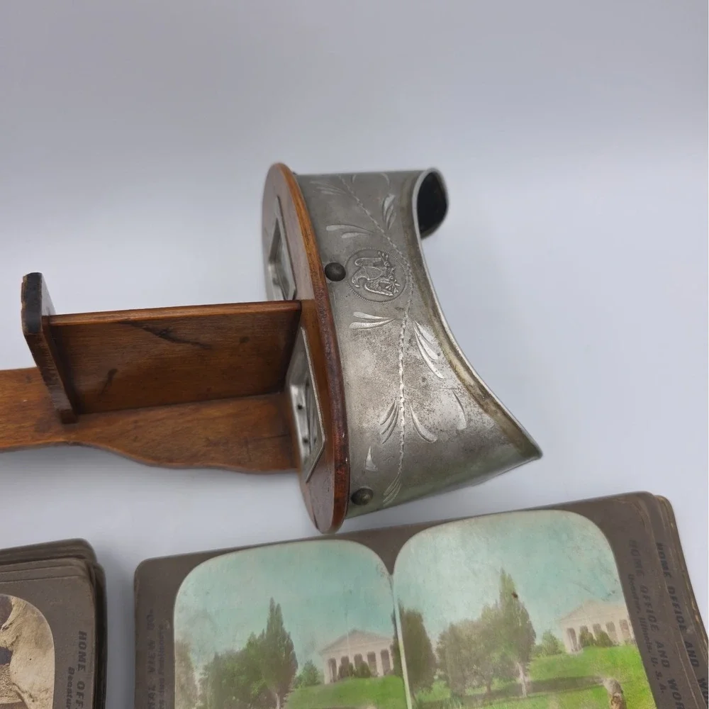 Antique Underwood Stereoscope Viewer Metal Wood and 60 Stereoview Sepia Cards